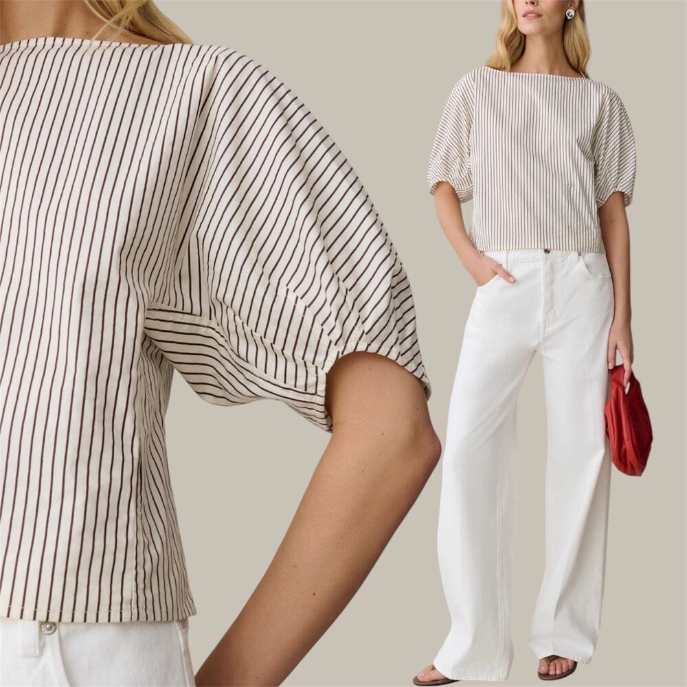 Few Moda CAARA Winnie Striped Puff Short Sleeve Top Cream Brown Small Minimalist